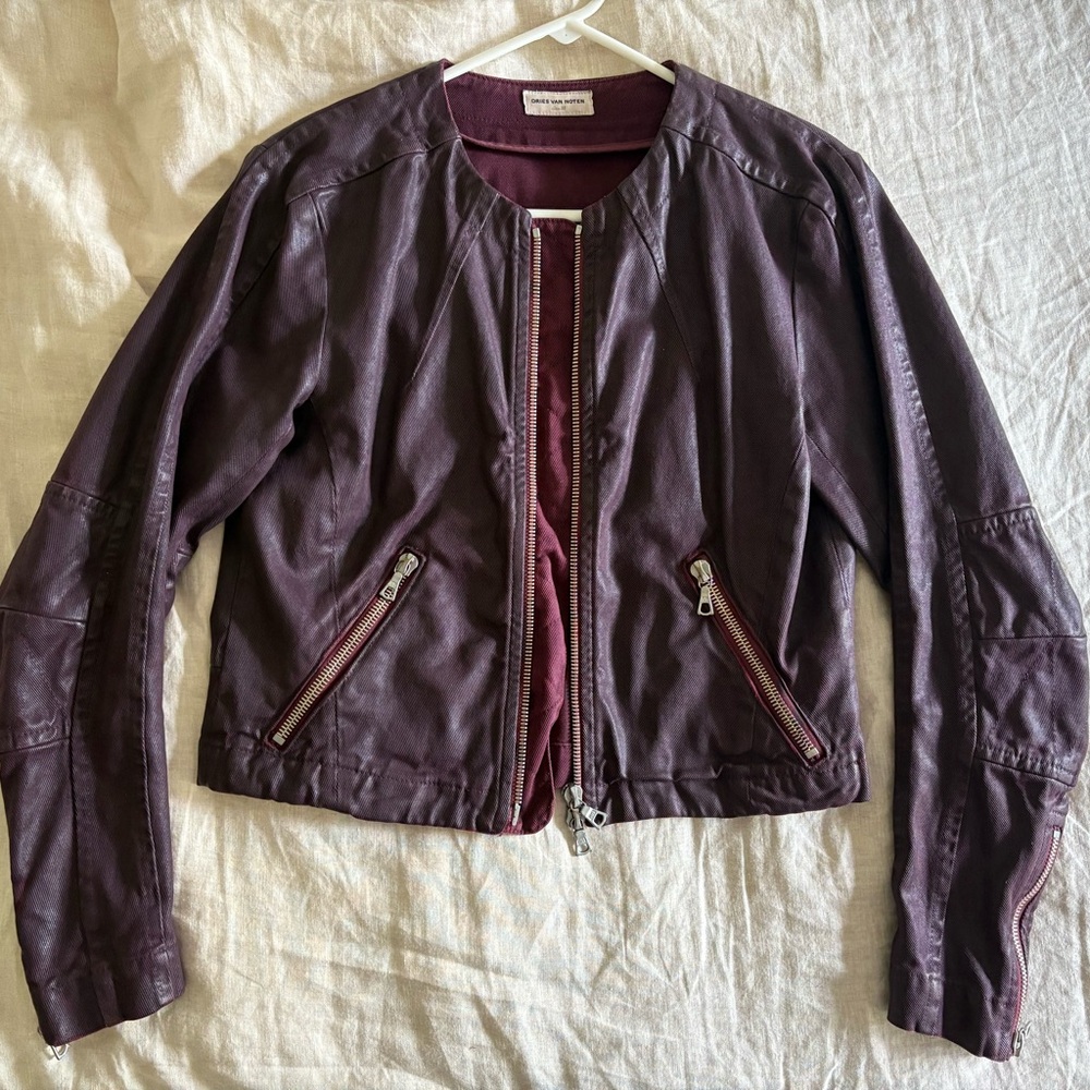 Dries Van Noten Dark Purple Jean Leather like Moto Biker Jacket